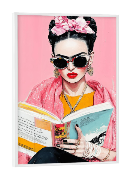 Poster mit weißem Rahmen "Frida Reading Book n" artboxONE - Menschen - Frida,Frida kahlo,Porträt,Frau,Mädchen,Lesen