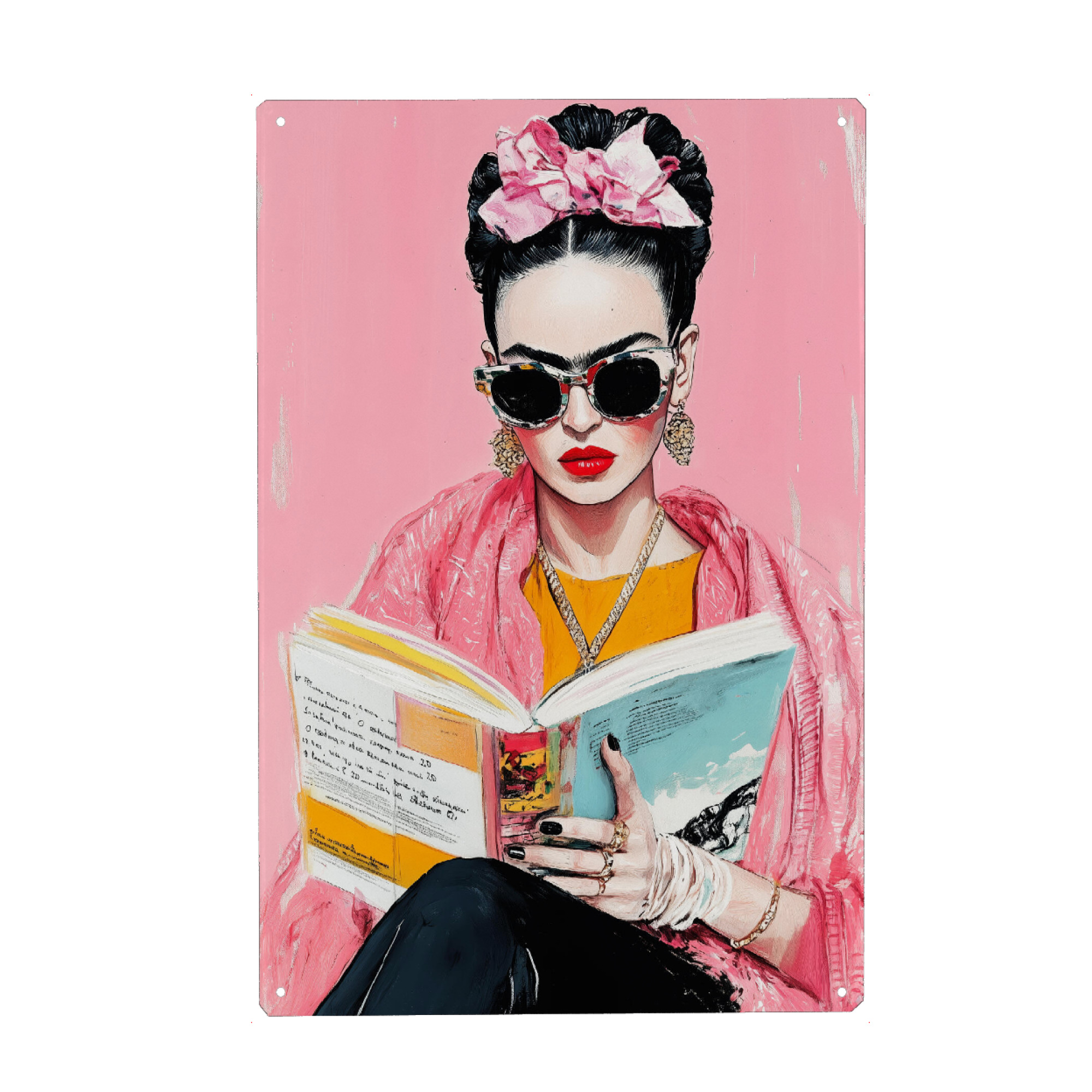 Metall Poster "Frida Reading Book n" artboxONE - Menschen - Frida,Frida kahlo,Porträt,Frau,Mädchen,Lesen - Blechschild