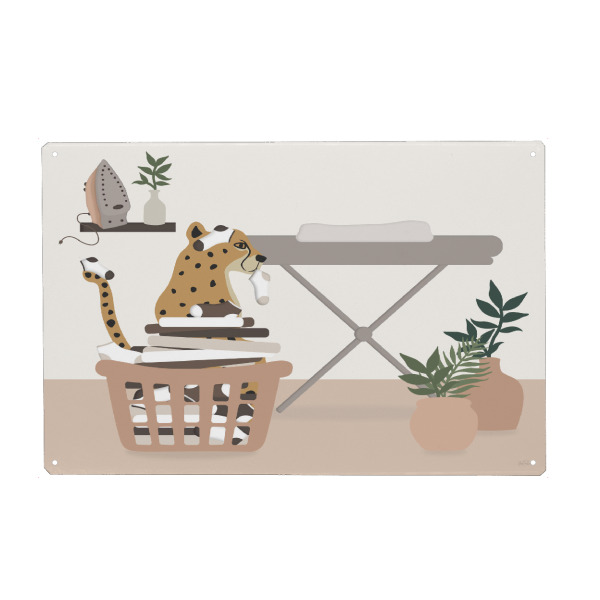 Metall Poster "Dschungelwäsche" artboxONE - Tiere,Menschen - Wäsche,Wäschekorb,Kleidung,Jaguar,Kinder,Kinderzimmer - Blechschild