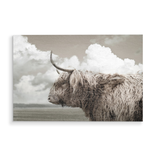 Holzbild "Highland View" artboxONE - Natur,Tiere - Highland,Highland cow,Wolken,Natur