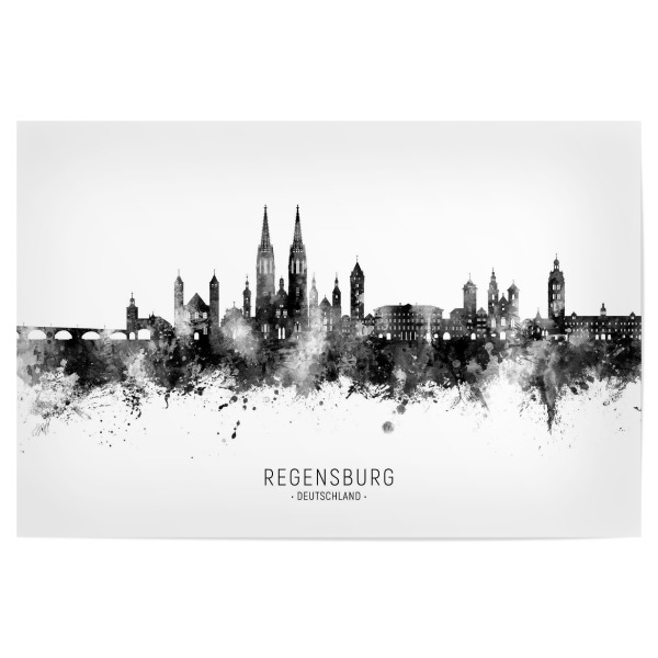 Poster "Regensburg Skyline BW Text" artboxONE - Städte,Schwarzweiß - Regensburg,Deutschland,Skyline,Stadtbild,Stattbild,Aquarell,Malerei