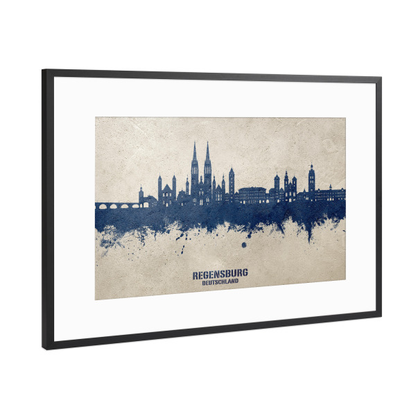 Poster mit Rahmen Schwarz (Metallic) "Regensburg Skyline PaintBlue" artboxONE - Städte