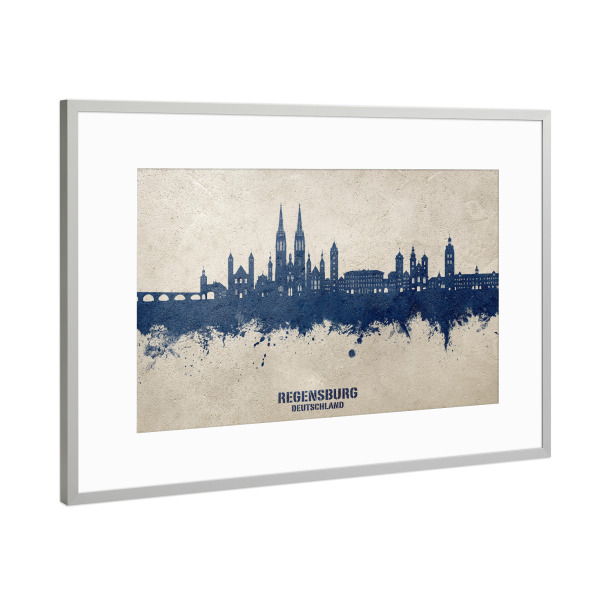Poster mit Rahmen Silber "Regensburg Skyline PaintBlue" artboxONE - Städte - Regensburg,Deutschland,Skyline,Stadtbild,Stattbild,Aquarell,Malerei