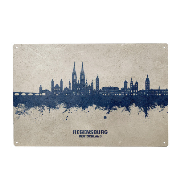 Metall Poster "Regensburg Skyline PaintBlue" artboxONE - Städte - Regensburg,Deutschland,Skyline,Stadtbild,Stattbild,Aquarell,Malerei - Blechschild