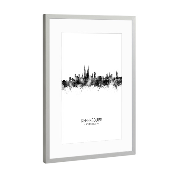 Poster mit Rahmen Silber "Regensburg Deutschland Skyline BW" artboxONE - Städte,Schwarzweiß