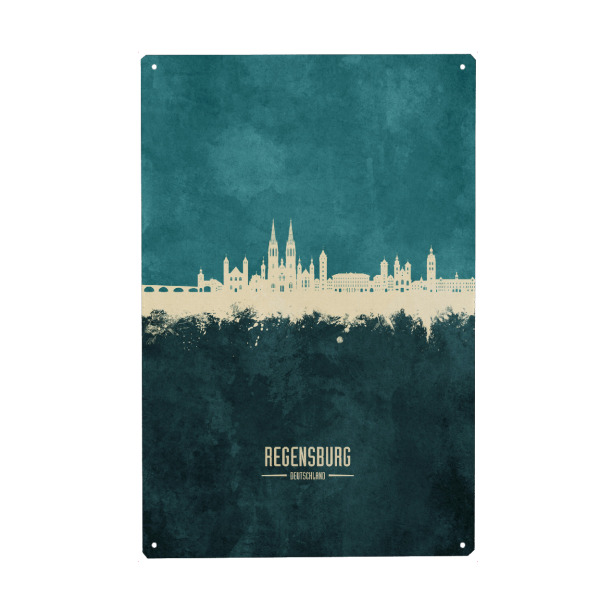 Holzbild "Regensburg Skyline Türkis" artboxONE - Städte - Regensburg,Deutschland,Deutschland,Skyline,Stadtbild,Stattbild,Aquarell,Malerei