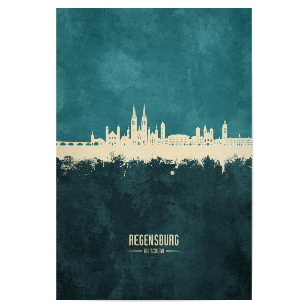 Poster 30x20 cm "Regensburg Skyline Türkis" artboxONE - Städte - Regensburg,Deutschland,Deutschland,Skyline,Stadtbild,Stattbild,Aquarell,Malerei