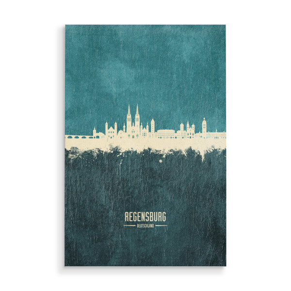 Holzbild "Regensburg Skyline Türkis" artboxONE - Städte - Regensburg,Deutschland,Deutschland,Skyline,Stadtbild,Stattbild,Aquarell,Malerei