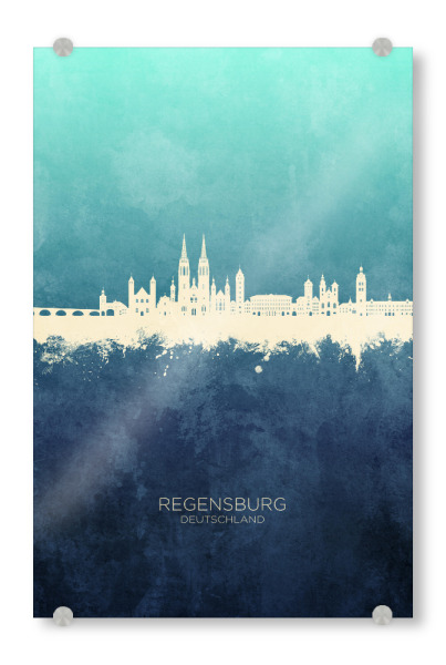 Acrylglasbild "Regensburg Skyline Navycyan" artboxONE - Städte - Regensburg,Deutschland,Deutschland,Skyline,Stadtbild,Stattbild,Aquarell,Malerei