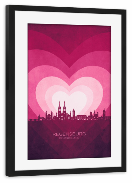 Poster mit Rahmen schwarz "Regensburg Skyline Herzrosa" artboxONE - Städte