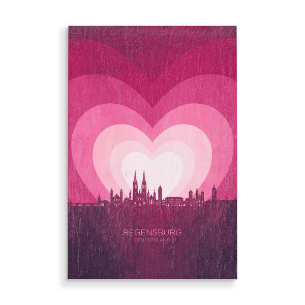 Holzbild "Regensburg Skyline Herzrosa" artboxONE - Städte - Regensburg,Deutschland,Herz,Liebe,Romantisch,Valentinstag,Skyline,Stadtbild,Stattbild