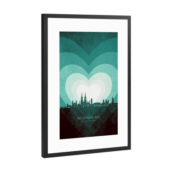 Poster mit Rahmen Schwarz (Metallic) "Regensburg Skyline Heart Teal" artboxONE - Städte