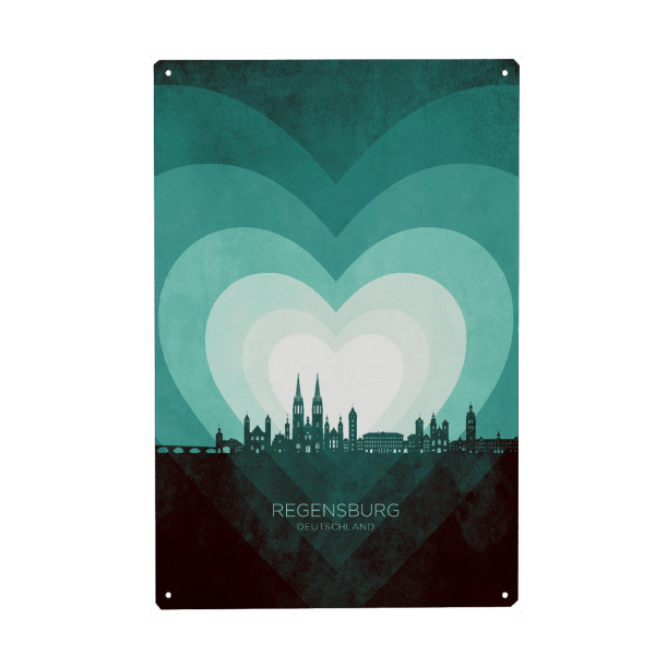 Holzbild "Regensburg Skyline Heart Teal" artboxONE - Städte - Regensburg,Deutschland,Herz,Liebe,Romantisch,Valentinstag,Skyline,Stadtbild,Stattbild