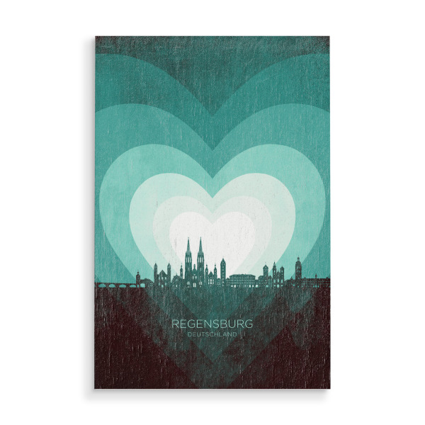 Holzbild "Regensburg Skyline Heart Teal" artboxONE - Städte - Regensburg,Deutschland,Herz,Liebe,Romantisch,Valentinstag,Skyline,Stadtbild,Stattbild