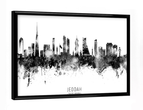 Poster mit schwarzem Rahmen "Jeddah Skyline BW Text" artboxONE - Städte,Schwarzweiß