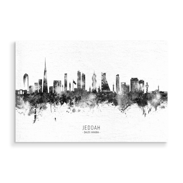 Holzbild "Jeddah Skyline BW Text" artboxONE - Städte,Schwarzweiß - Jeddah,Saudi -arabien,Skyline,Stadtlandschaft,Stattbild,Aquarell,Malerei