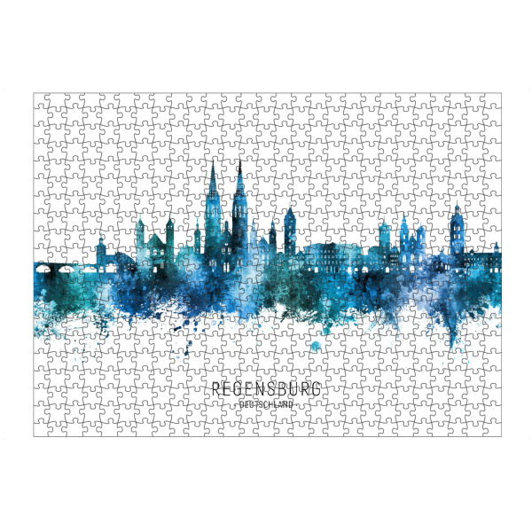 Puzzle Ravensburger "Regensburg Skyline Blue Name" artboxONE - Städte - Regensburg,Deutschland,Skyline,Stadtbild,Stattbild,Aquarell,Malerei