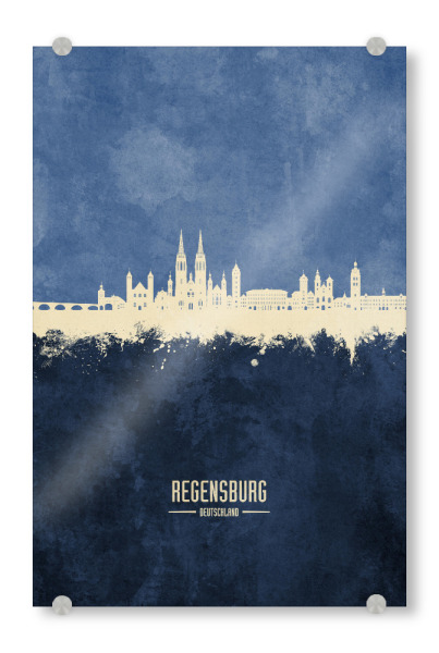 Acrylglasbild "Regensburg Germany Skyline Navy" artboxONE - Städte - Regensburg,Deutschland,Deutschland,Skyline,Stattbild,Aquarell,Malerei