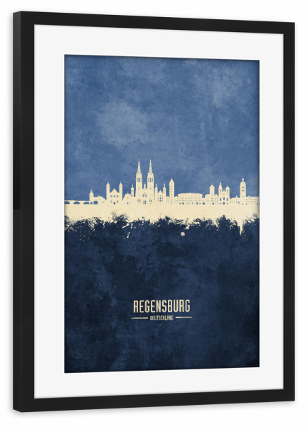 Poster mit Rahmen schwarz "Regensburg Germany Skyline Navy" artboxONE - Städte - Regensburg,Deutschland,Deutschland,Skyline,Stattbild,Aquarell,Malerei