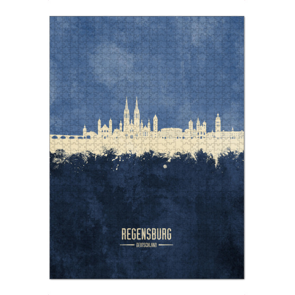 Puzzle Ravensburger "Regensburg Germany Skyline Navy" artboxONE - Städte - Regensburg,Deutschland,Deutschland,Skyline,Stattbild,Aquarell,Malerei