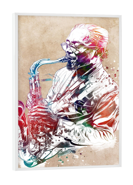 Poster mit weißem Rahmen "Saxophon Kunstmusik a" artboxONE - Musik - Saxophon,Saxophonist,Musik,Musiker,Jazz