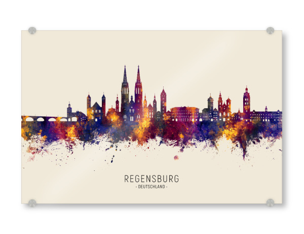 Acrylglasbild "Regensburg Skyline Herbst Name" artboxONE - Städte - Regensburg,Deutschland,Skyline,Stadtbild,Aquarell,Malerei