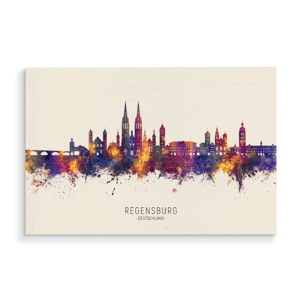 Holzbild "Regensburg Skyline Herbst Name" artboxONE - Städte - Regensburg,Deutschland,Skyline,Stadtbild,Aquarell,Malerei