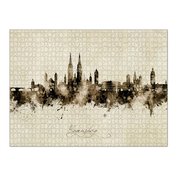 Puzzle Ravensburger "Regensburg Germany Skyline Sepia" artboxONE - Städte - Regensburg,Deutschland,Skyline,Stattbild,Aquarell,Malerei