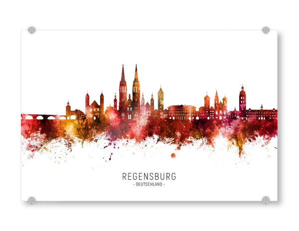 Acrylglasbild "Regensburg Skyline Roter Name" artboxONE - Städte - Regensburg,Deutschland,Deutschland,Skyline,Stadtbild,Stattbild,Aquarell,Malerei