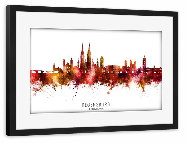 Poster mit Rahmen schwarz "Regensburg Skyline Roter Name" artboxONE - Städte