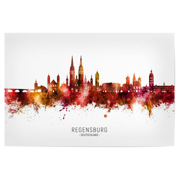 Poster "Regensburg Skyline Roter Name" artboxONE - Städte - Regensburg,Deutschland,Deutschland,Skyline,Stadtbild,Stattbild,Aquarell,Malerei