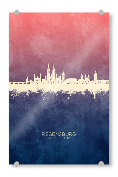 Acrylglasbild "Regensburg Skyline Bluerose" artboxONE - Städte - Regensburg,Deutschland,Skyline,Stadtbild,Stattbild,Aquarell,Malerei
