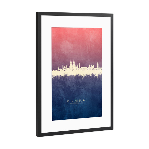 Poster mit Rahmen Schwarz (Metallic) "Regensburg Skyline Bluerose" artboxONE - Städte