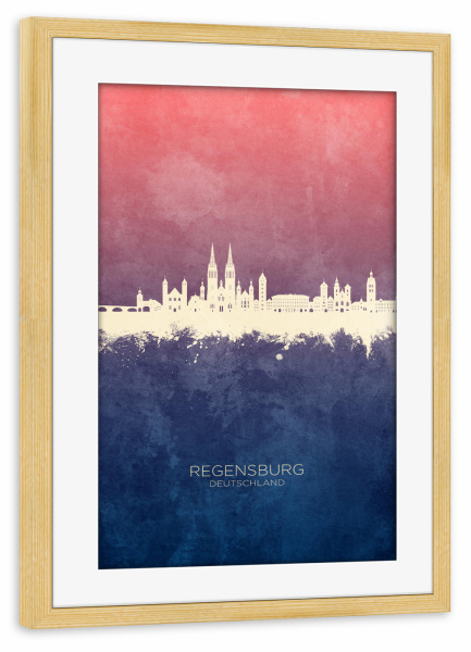 Poster mit Rahmen kiefer "Regensburg Skyline Bluerose" artboxONE - Städte - Regensburg,Deutschland,Skyline,Stadtbild,Stattbild,Aquarell,Malerei