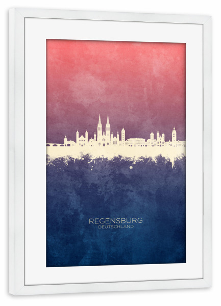 Poster mit Rahmen weiß "Regensburg Skyline Bluerose" artboxONE - Städte - Regensburg,Deutschland,Skyline,Stadtbild,Stattbild,Aquarell,Malerei