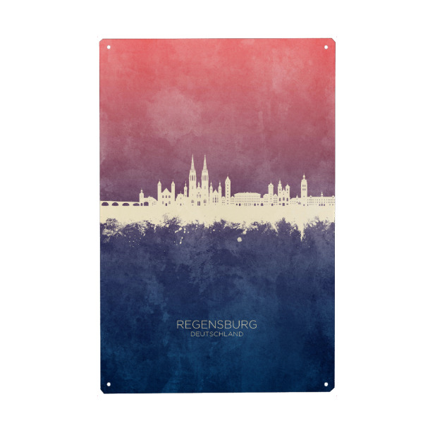Metall Poster "Regensburg Skyline Bluerose" artboxONE - Städte - Regensburg,Deutschland,Skyline,Stadtbild,Stattbild,Aquarell,Malerei - Blechschild