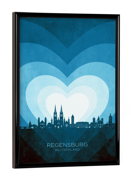 Poster mit schwarzem Rahmen "Regensburg Skyline Herzblau" artboxONE - Städte