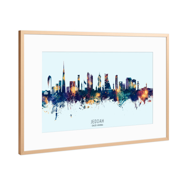 Poster mit Rahmen Kupfer "Jeddah Skyline Blueorange" artboxONE - Städte - Jeddah,Saudi -arabien,Skyline,Stadtlandschaft,Stattbild,Aquarell,Malerei