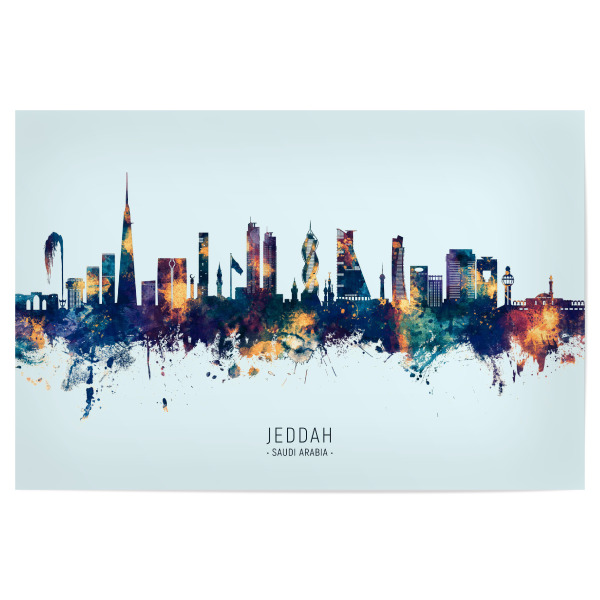Poster 30x20 cm "Jeddah Skyline Blueorange" artboxONE - Städte - Jeddah,Saudi -arabien,Skyline,Stadtlandschaft,Stattbild,Aquarell,Malerei