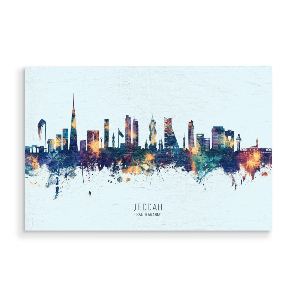 Holzbild "Jeddah Skyline Blueorange" artboxONE - Städte - Jeddah,Saudi -arabien,Skyline,Stadtlandschaft,Stattbild,Aquarell,Malerei