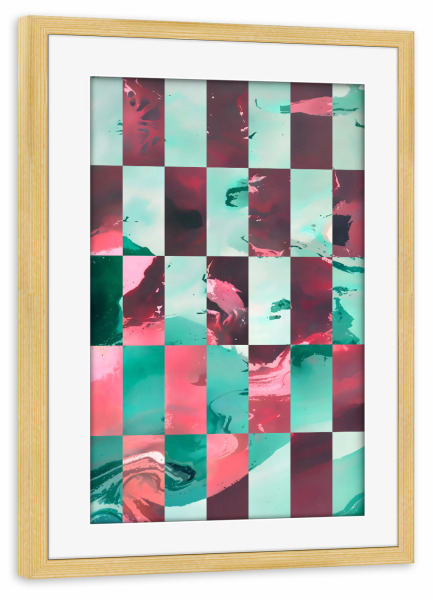 Poster mit Rahmen kiefer "Stimmungsschwankungen" artboxONE - Abstrakt - Rosa,Grün,Meergrün,Zusammenfassung,Geometrie,Schachbrett,Eklektisch