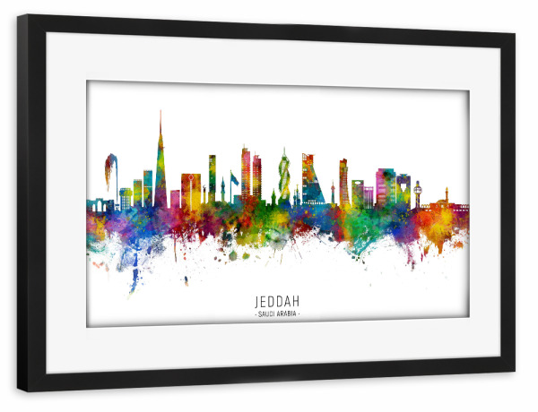 Poster mit Rahmen schwarz "Jeddah Saudi -Arabien Skyline txt" artboxONE - Städte