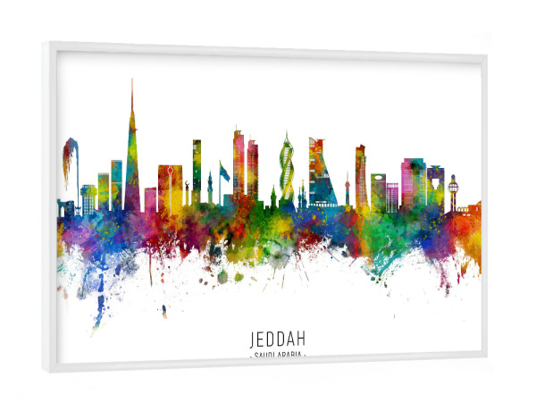 Poster mit weißem Rahmen "Jeddah Saudi -Arabien Skyline txt" artboxONE - Städte