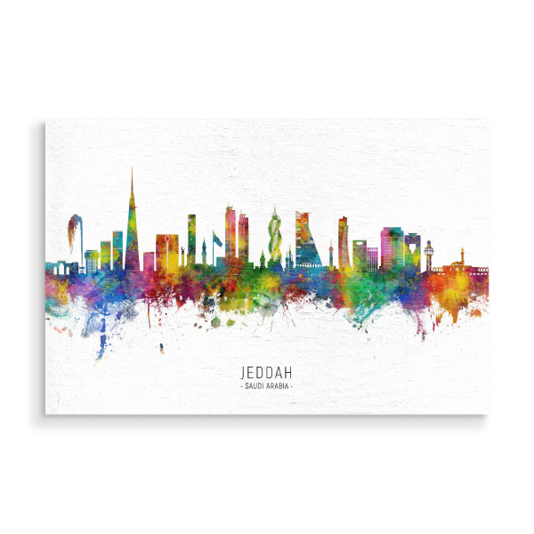Holzbild "Jeddah Saudi -Arabien Skyline txt" artboxONE - Städte - Jeddah,Saudi -arabien,Skyline,Stadtlandschaft,Stattbild,Aquarell,Malerei
