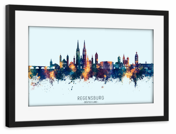 Poster mit Rahmen schwarz "Regensburg Skyline Blueorange" artboxONE - Städte - Regensburg,Deutschland,Skyline,Stadtbild,Stattbild,Aquarell,Malerei