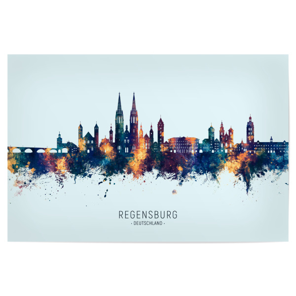 Poster 30x20 cm "Regensburg Skyline Blueorange" artboxONE - Städte - Regensburg,Deutschland,Skyline,Stadtbild,Stattbild,Aquarell,Malerei