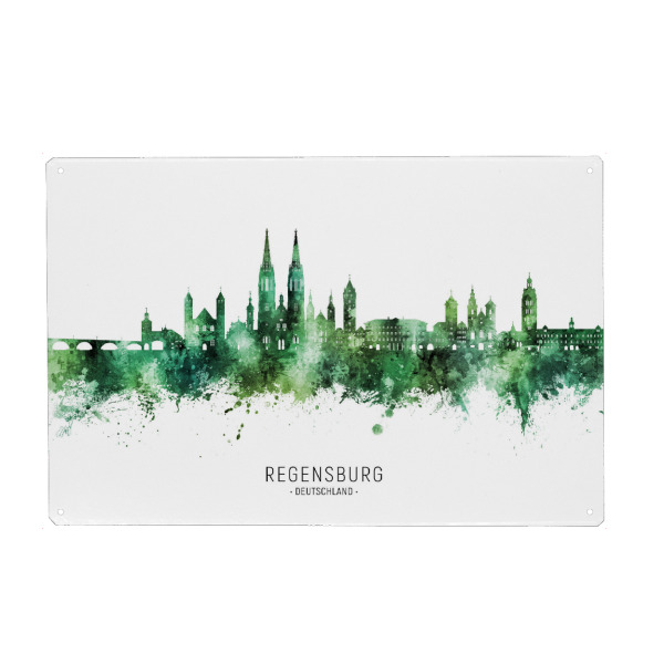 Metall Poster "Regensburg Skyline Green Name" artboxONE - Städte - Regensburg,Deutschland,Skyline,Stadtbild,Stattbild,Aquarell,Malerei - Blechschild