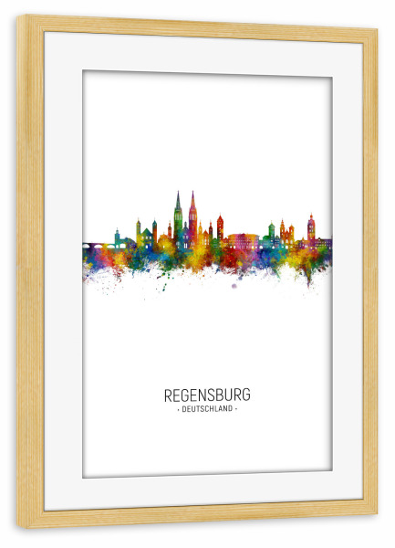 Poster mit Rahmen kiefer "Regensburg Skyline -Porträt" artboxONE - Städte - Regensburg,Deutschland,Skyline,Stadtbild,Stattbild,Aquarell,Malerei