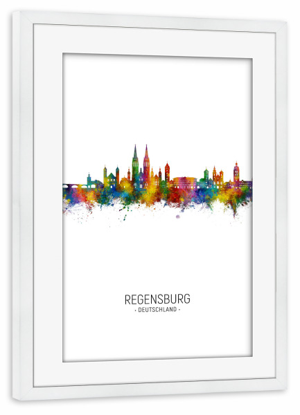 Poster mit Rahmen weiß "Regensburg Skyline -Porträt" artboxONE - Städte - Regensburg,Deutschland,Skyline,Stadtbild,Stattbild,Aquarell,Malerei
