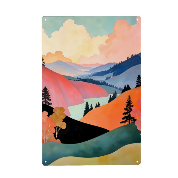 Holzbild "Romantik der Hügel" artboxONE - Natur - Natur,Berge,Aquarell,Romantik,Hügel,Teal,Gold,Landschaft,Sonnenaufgang,Textur,Herbst,Bäume,Pastell